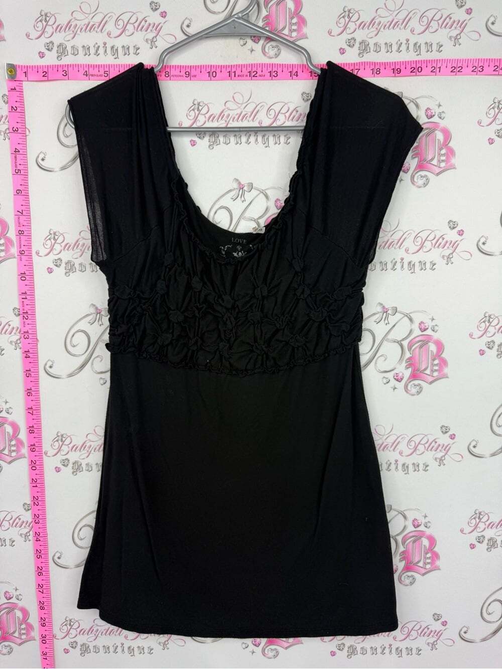 Love happiness y2k shirt Black Ruffle-Trim Scoop Neck Tunic